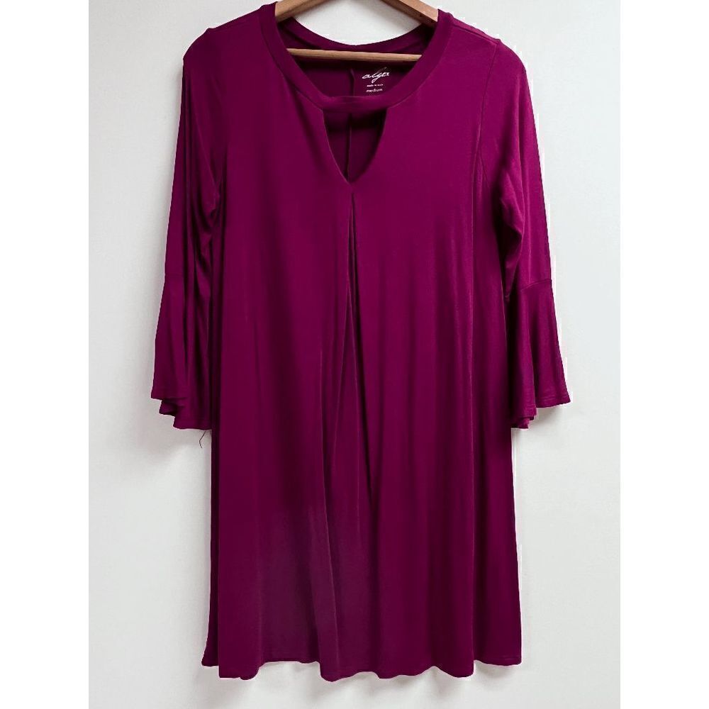 Alya Womens Long Bell Sleeve Crew neck Stretch Mini Dress Purple Sz M